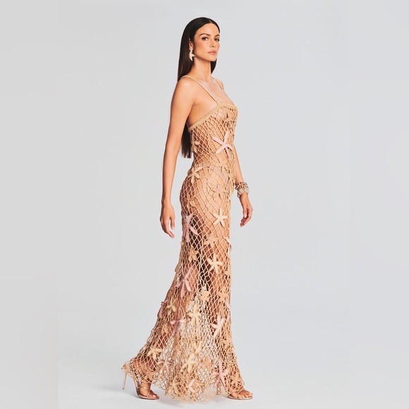 RETROFETE SERAFINA OPEN CROCHET STARFISH MAXI DRESS SIZE M/L IN ALMOND LUREX - Picture 6 of 17